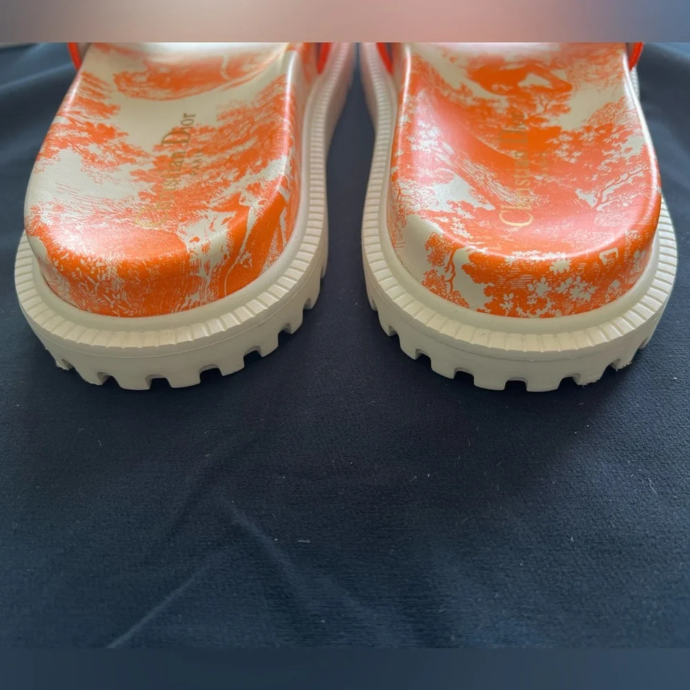 DIOR Bright Orange Toile de Jouy Embroidered Cotton DWAY SLIDE - size 38 - Picture 4 of 11